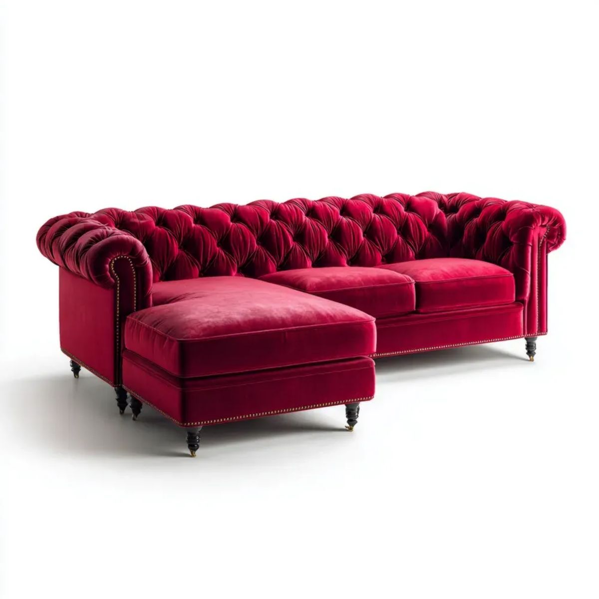 Aksamitna sofa narożna Chesterfield z lewostronnym szezlongiem, bordowa, 280 x 170 x 78 cm