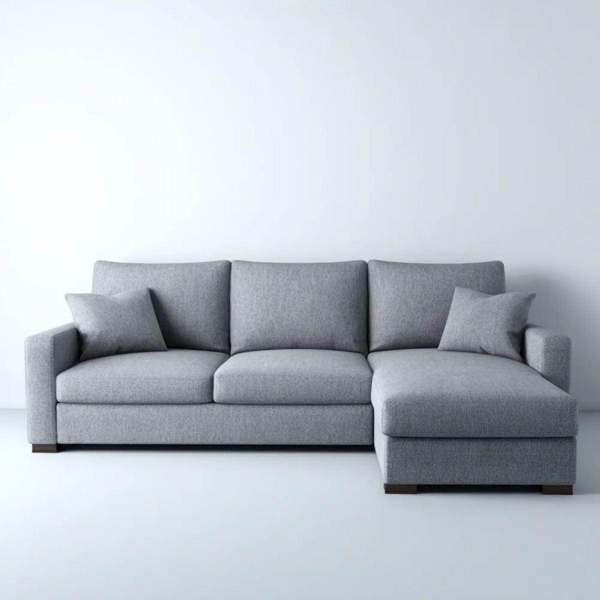Szara sofa narożna w kształcie L z prawostronnym szezlongiem, tapicerka poliestrowa, 260 × 160 × 85 cm