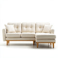 Kremowa sofa narożna z prawostronnym szezlongiem, drewniane nogi, 220 x 150 x 85 cm