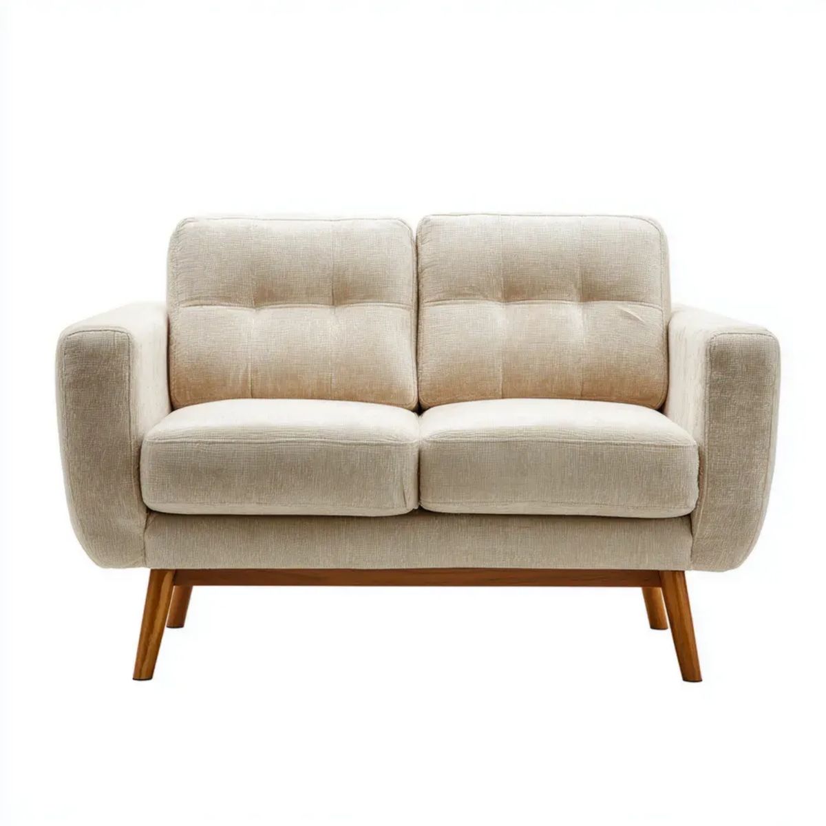 Dwuosobowa sofa beżowa z tapicerką poliestrową i drewnianymi nogami, 135 x 80 x 85 cm