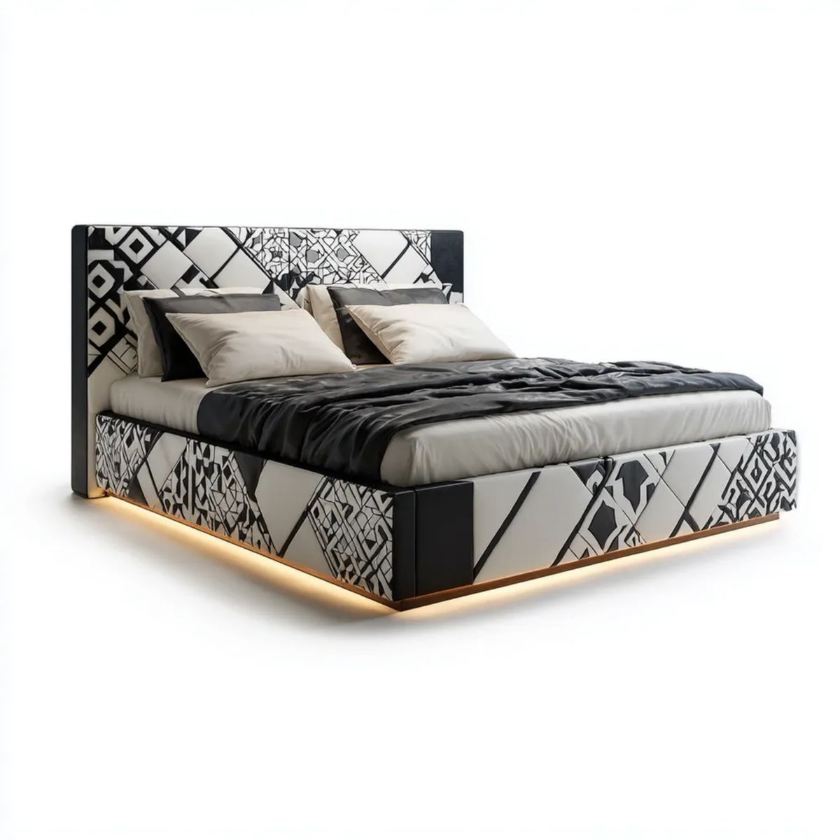 Łóżko podwójne 180 x 200 cm biało-czarne z MDF i ekoskóry PU, geometryczne, z oświetleniem LED